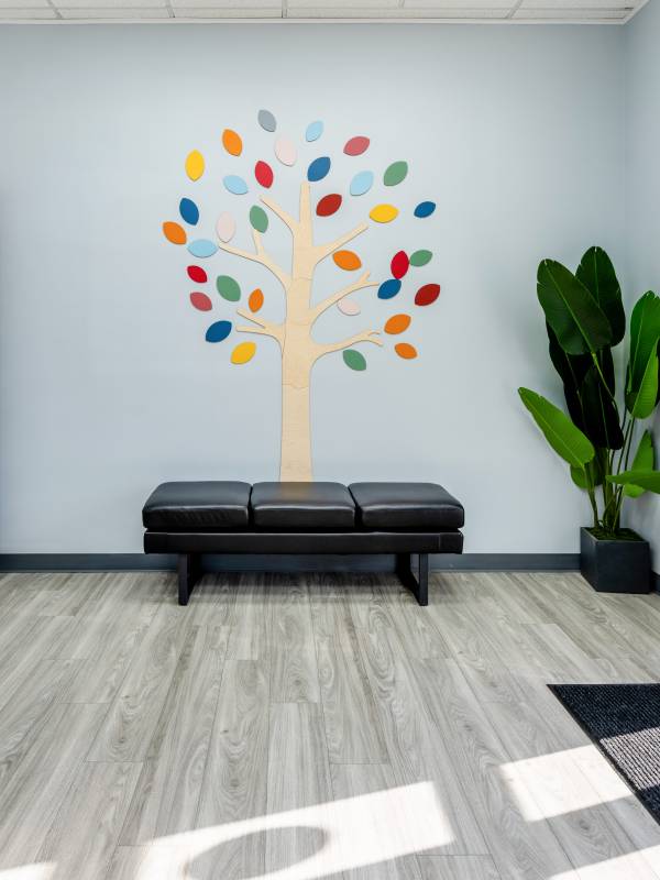 A leather bench in a waiting room with a large decorative wall decor resembling a fall foliage tree. Office of Creekside Autism Center